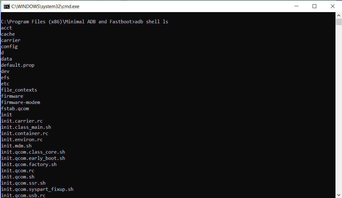 Captura de tela do comando adb shell ls.