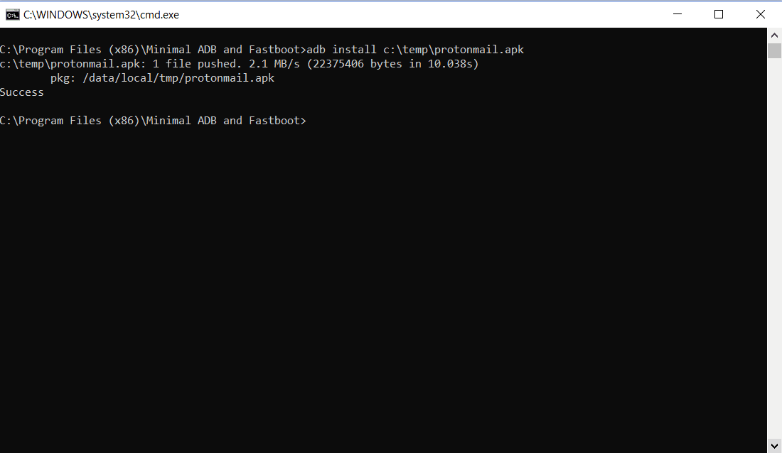 Captura de tela da execução do comando abd install no Android.