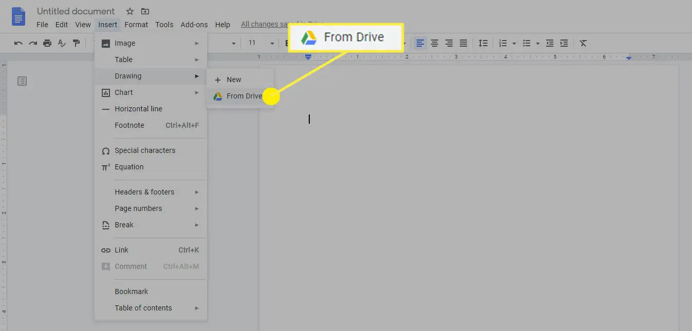A opção de inserir um desenho no Google Docs do Good Drive.