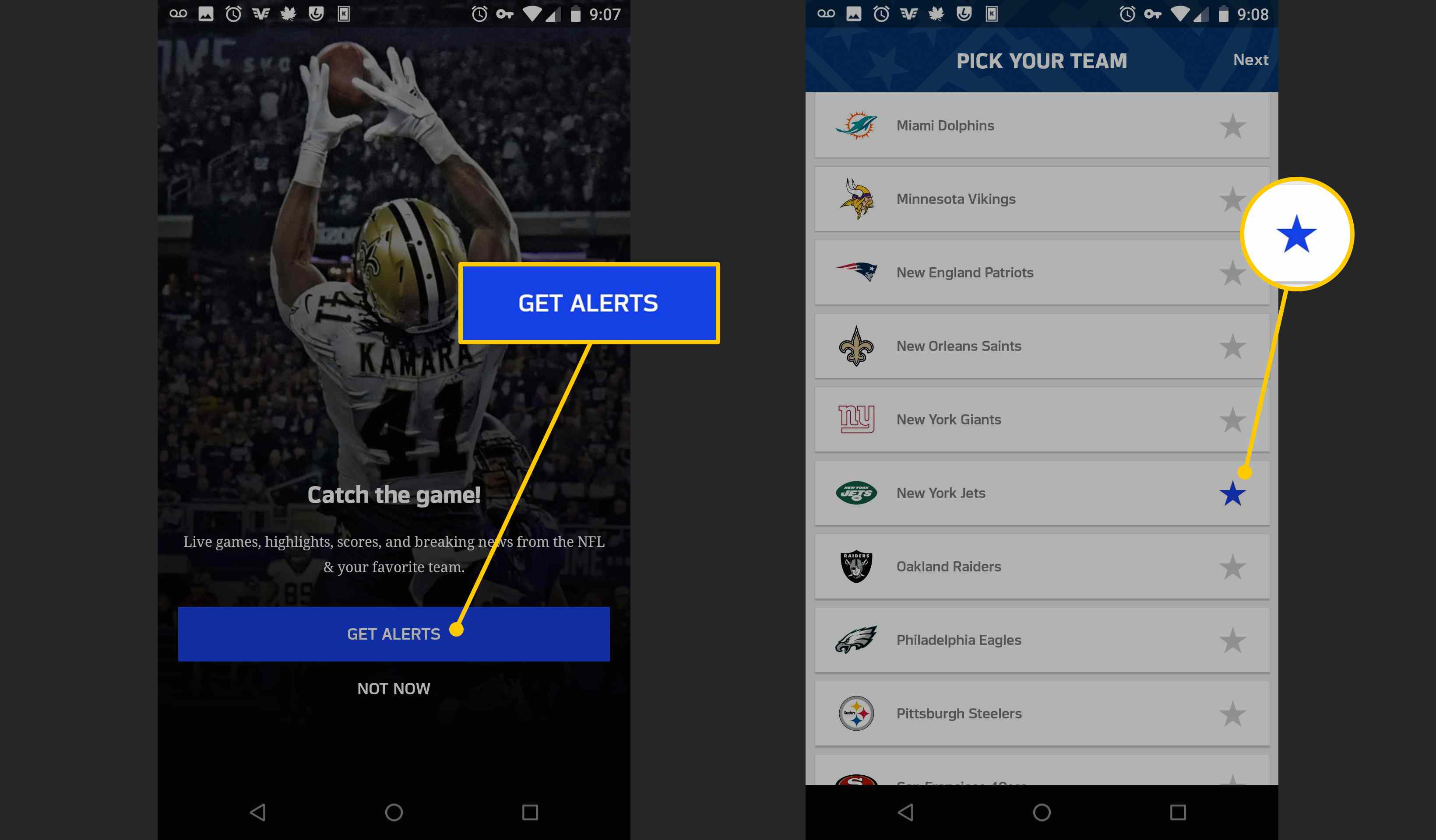 Botão Obter alertas no aplicativo da NFL