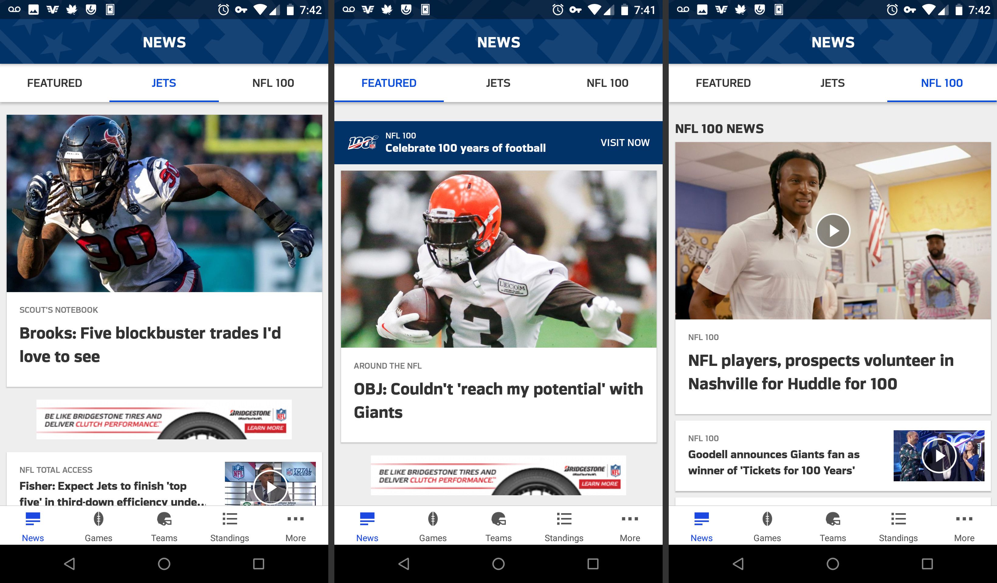 Páginas de notícias do aplicativo móvel da NFL