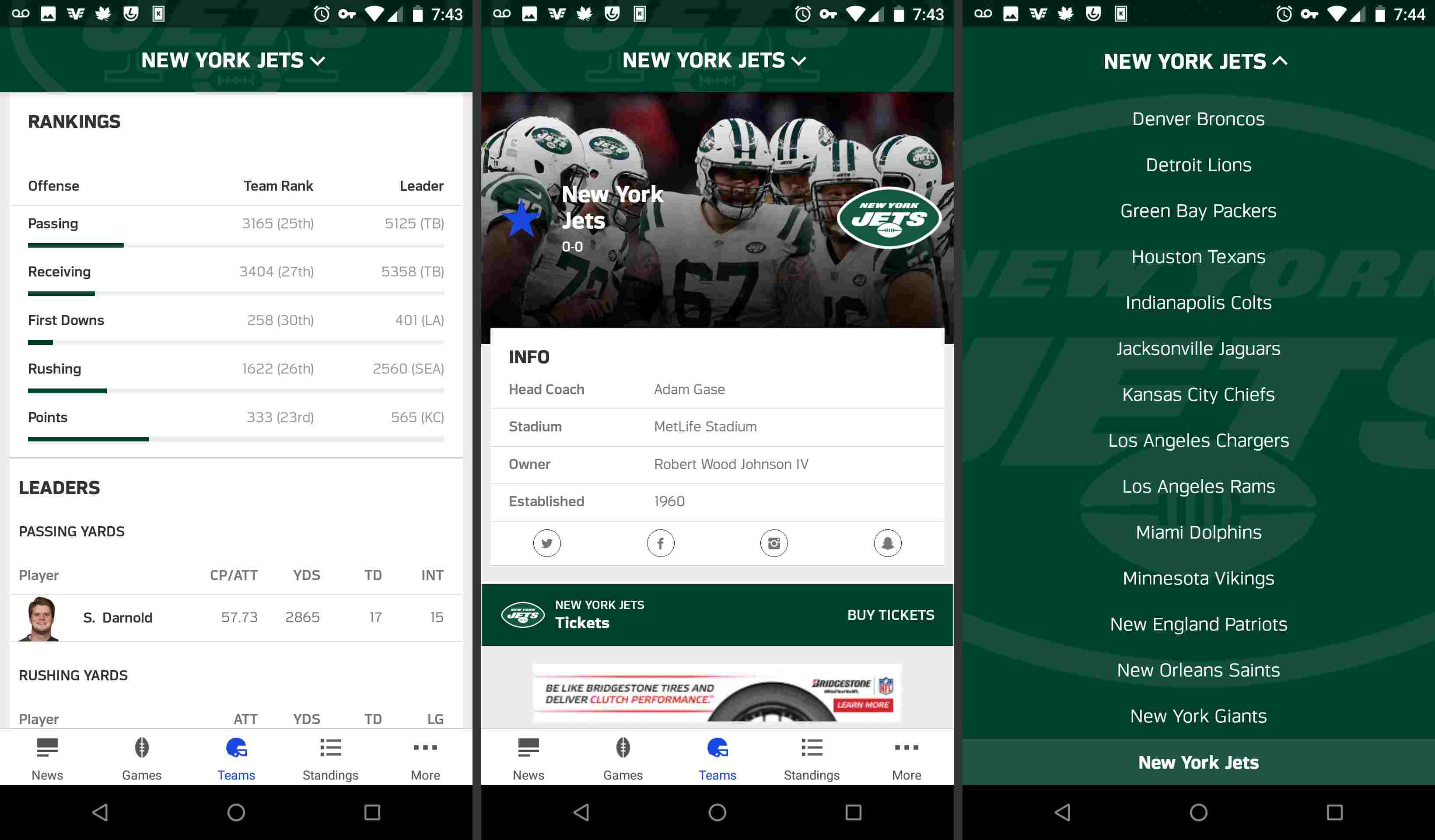 Páginas de equipes de aplicativos móveis da NFL