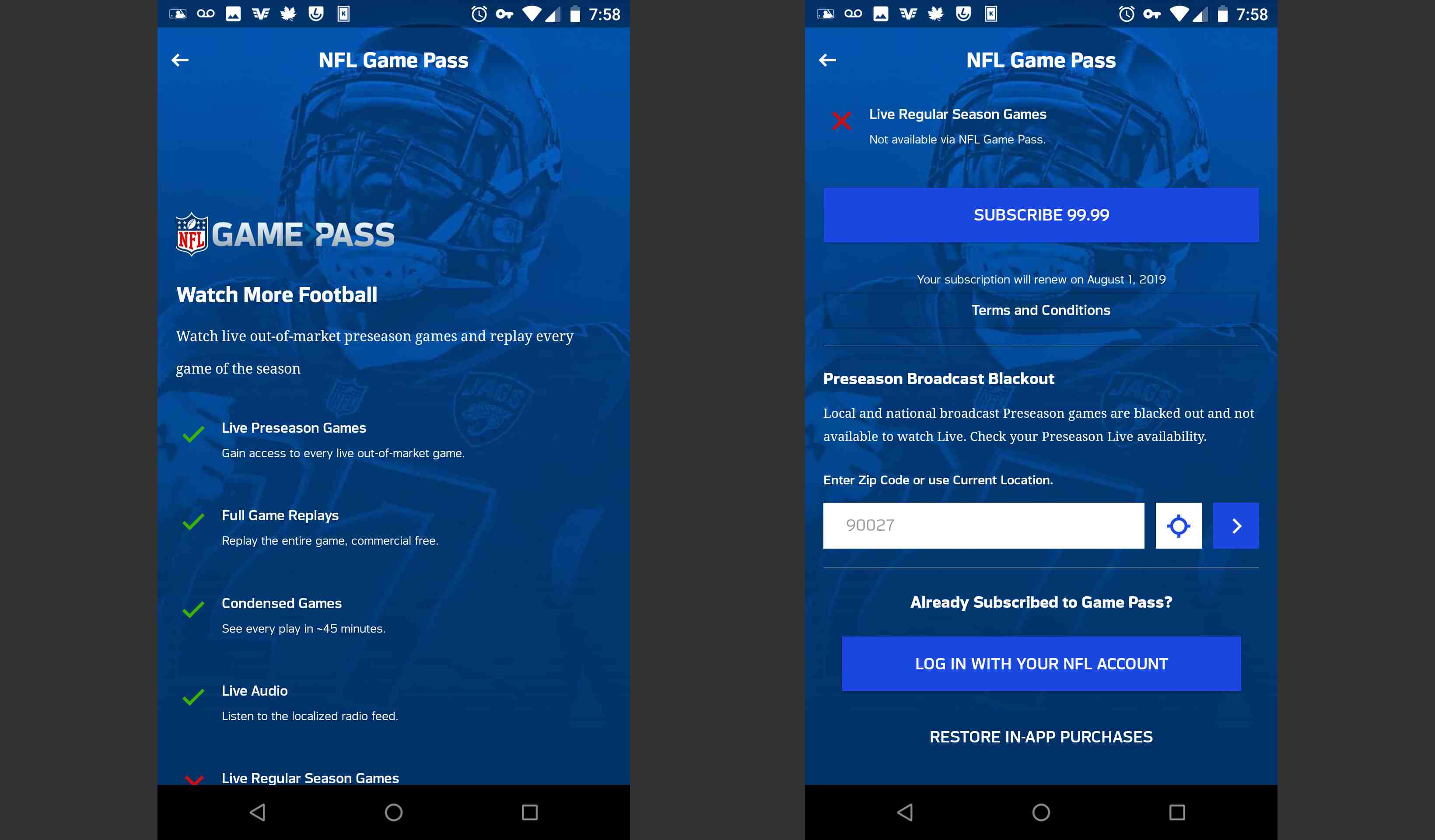 NFL Game Pass na página do aplicativo móvel