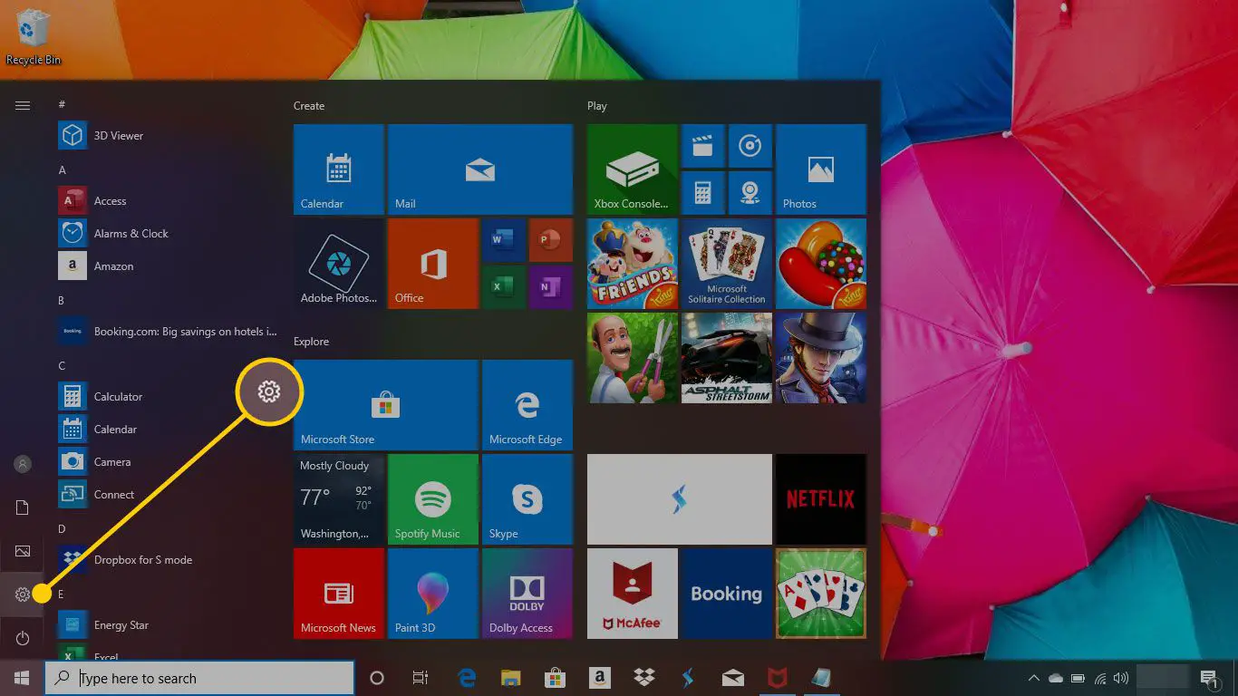 Menu Iniciar no Windows 10 com o botão Configurações destacado