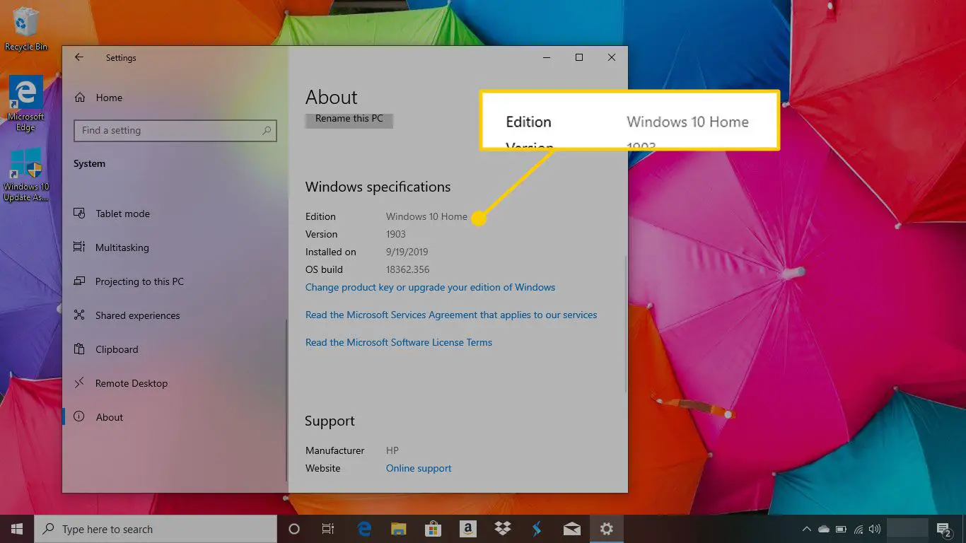 Tela Sobre do Windows 10 com a edição destacada