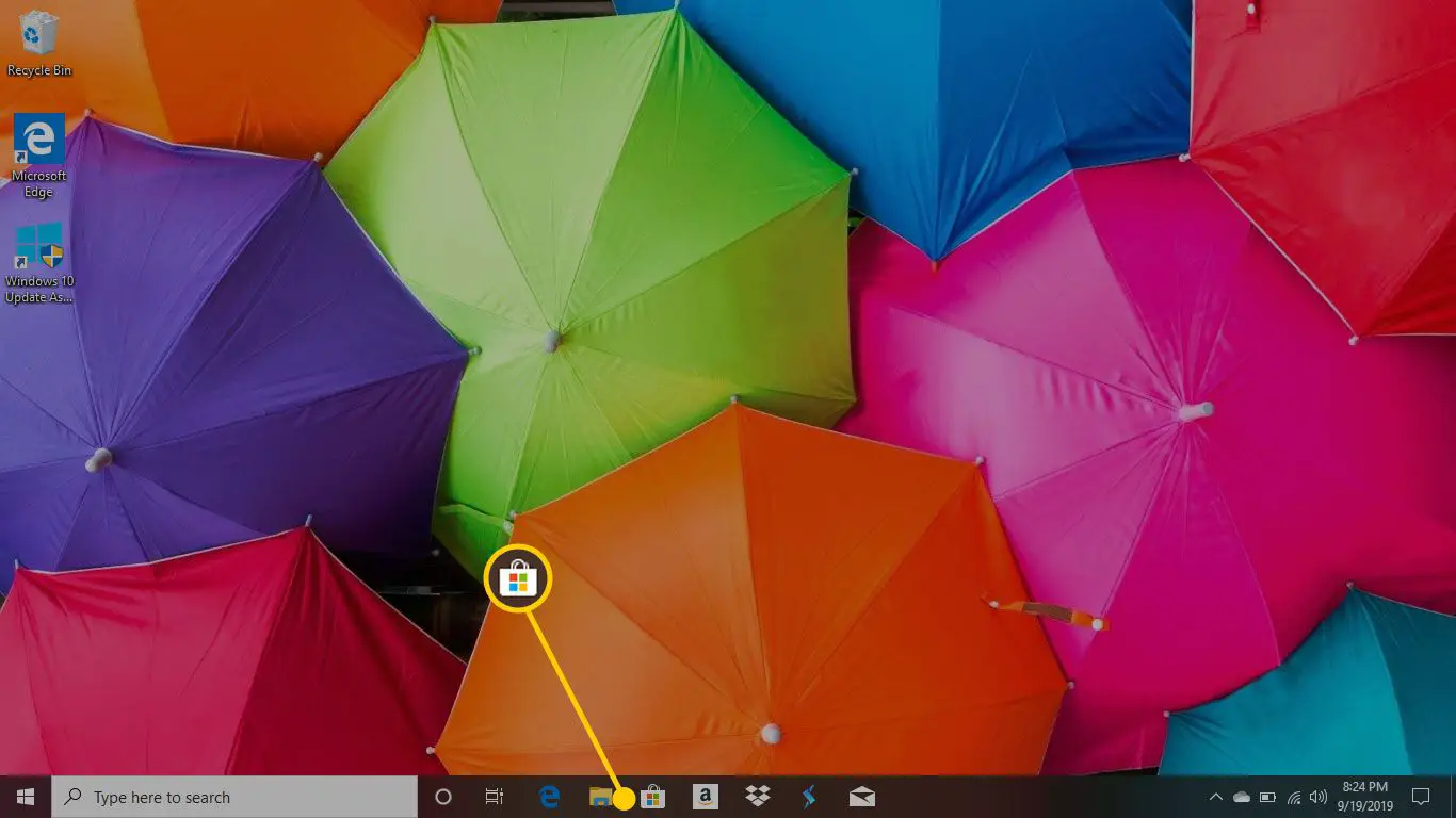 Uma área de trabalho de PC com o ícone da Microsoft Store aberto