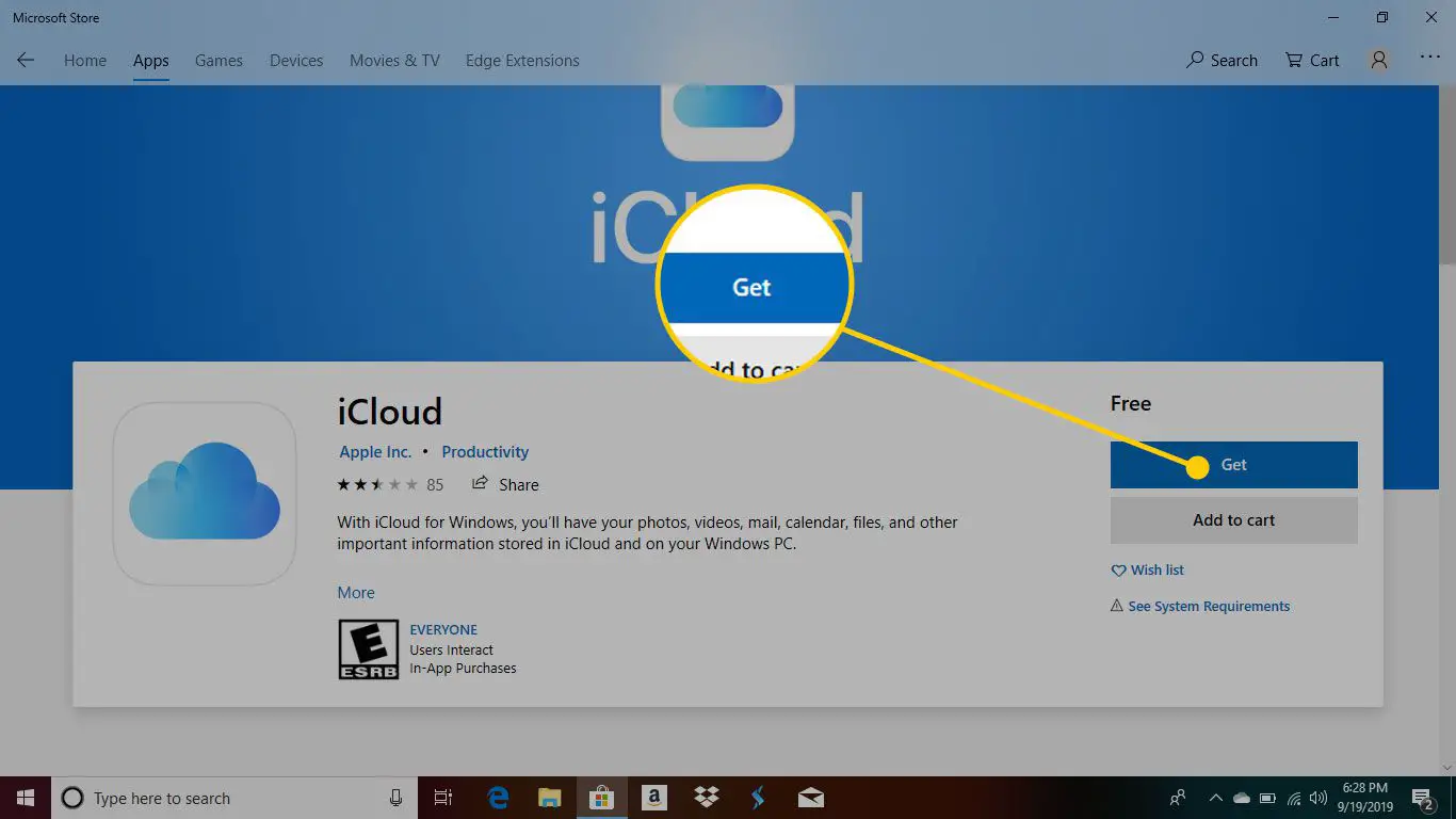 Página do iCloud na Microsoft Store com o botão Get destacado
