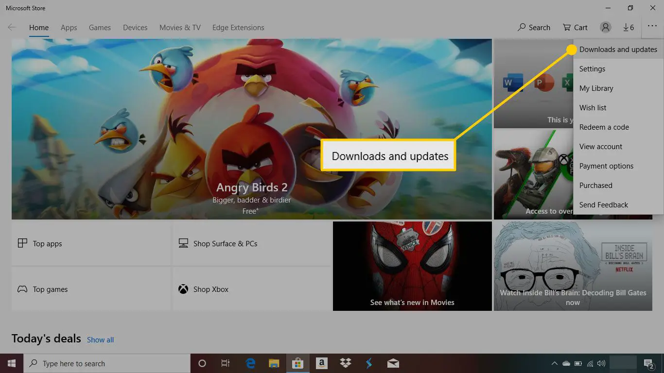 Microsoft Store com o item "Downloads e atualizações" destacado
