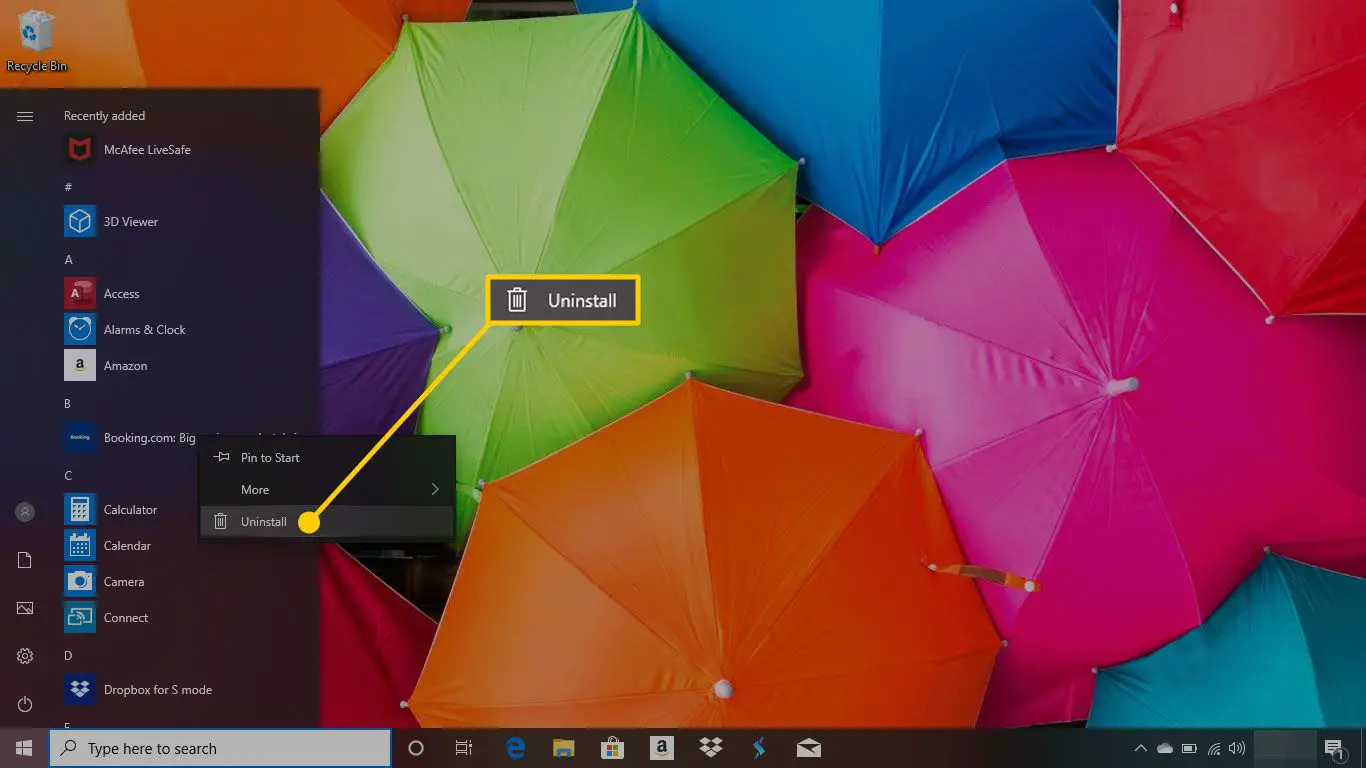 Menu de opções para um aplicativo do Windows 10 com a opção Desinstalar destacada