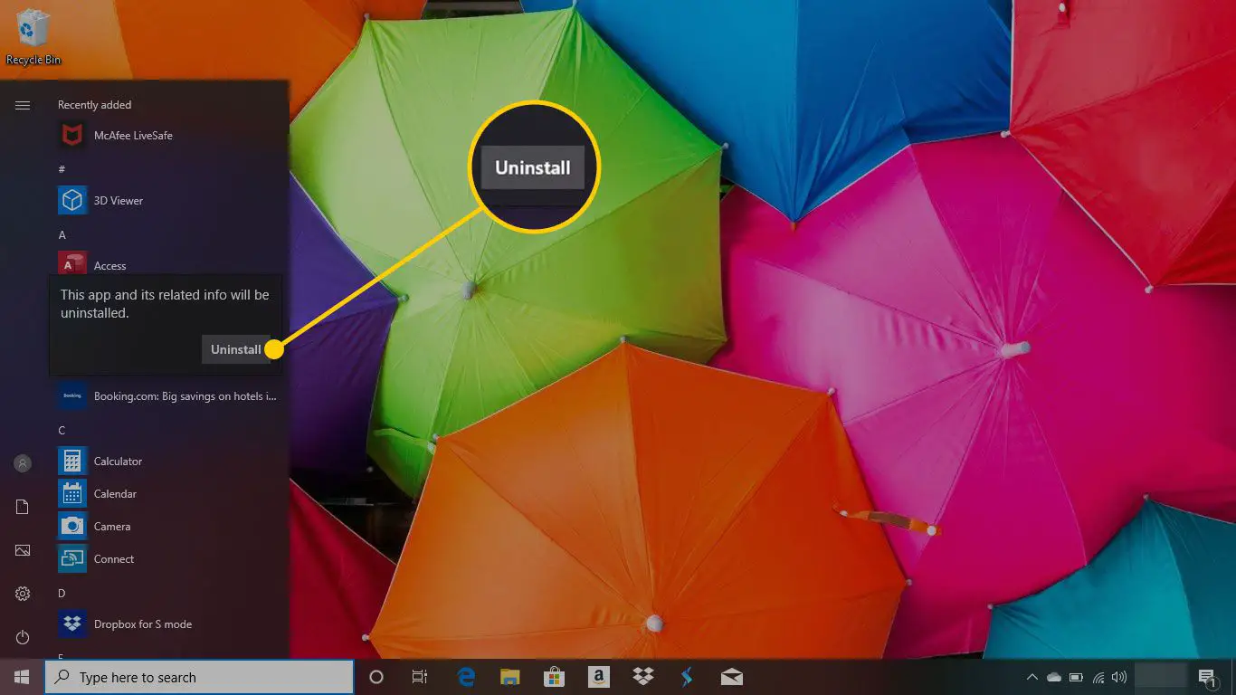 Caixa de confirmação no Windows 10 com o botão Desinstalar destacado