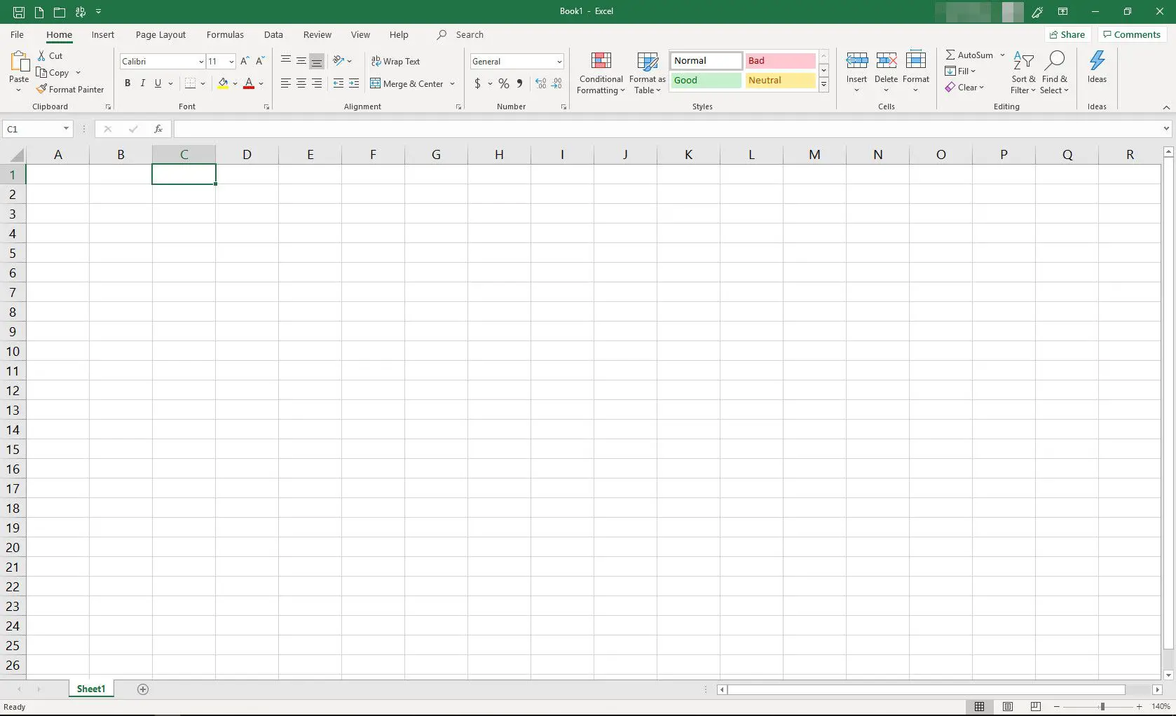 Planilha MS Excel com célula C1 selecionada