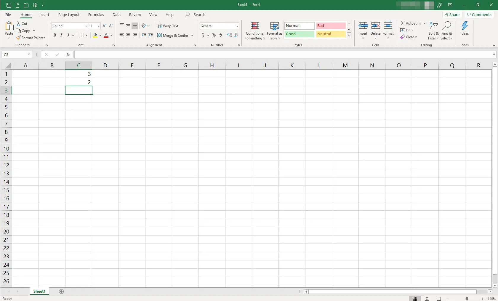 Planilha MS Excel com duas células preenchidas com dados