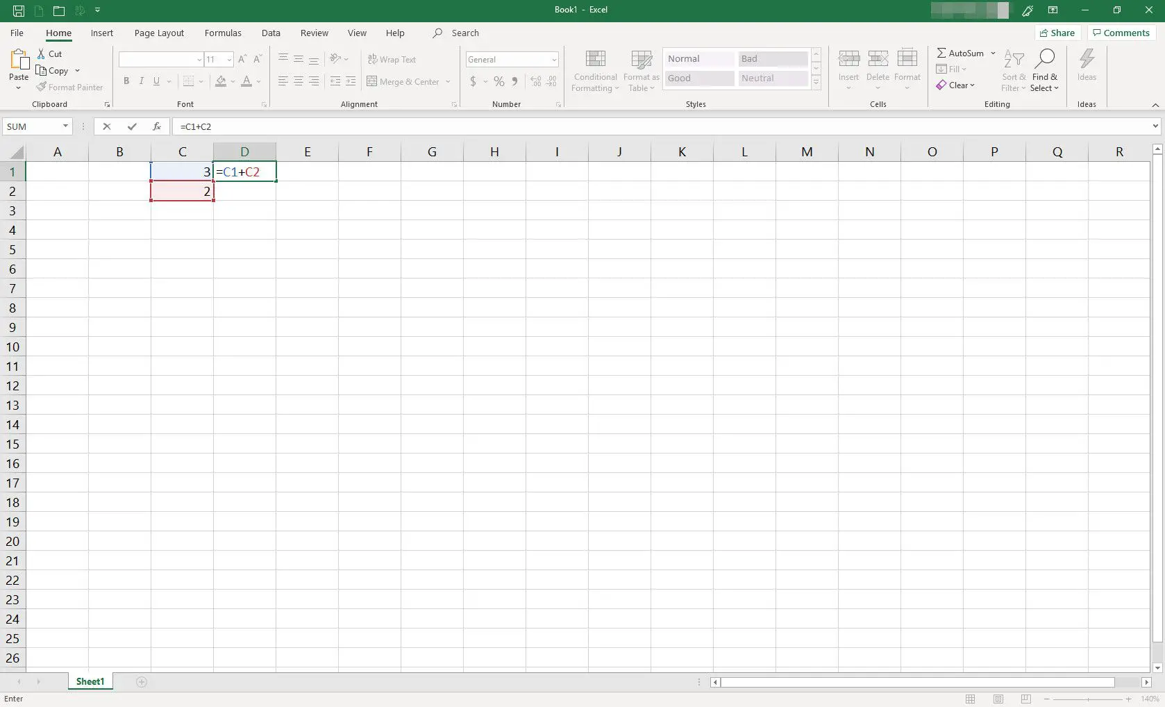 Planilha do MS Excel com duas células preenchidas com dados e fórmula digitados em uma terceira célula
