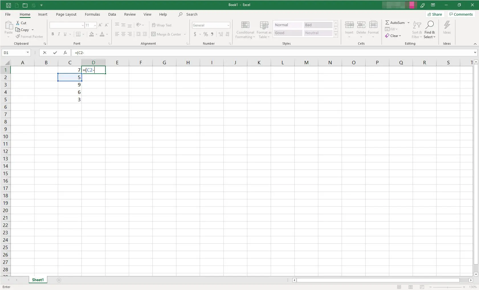 Planilha MS Excel com fórmula em andamento