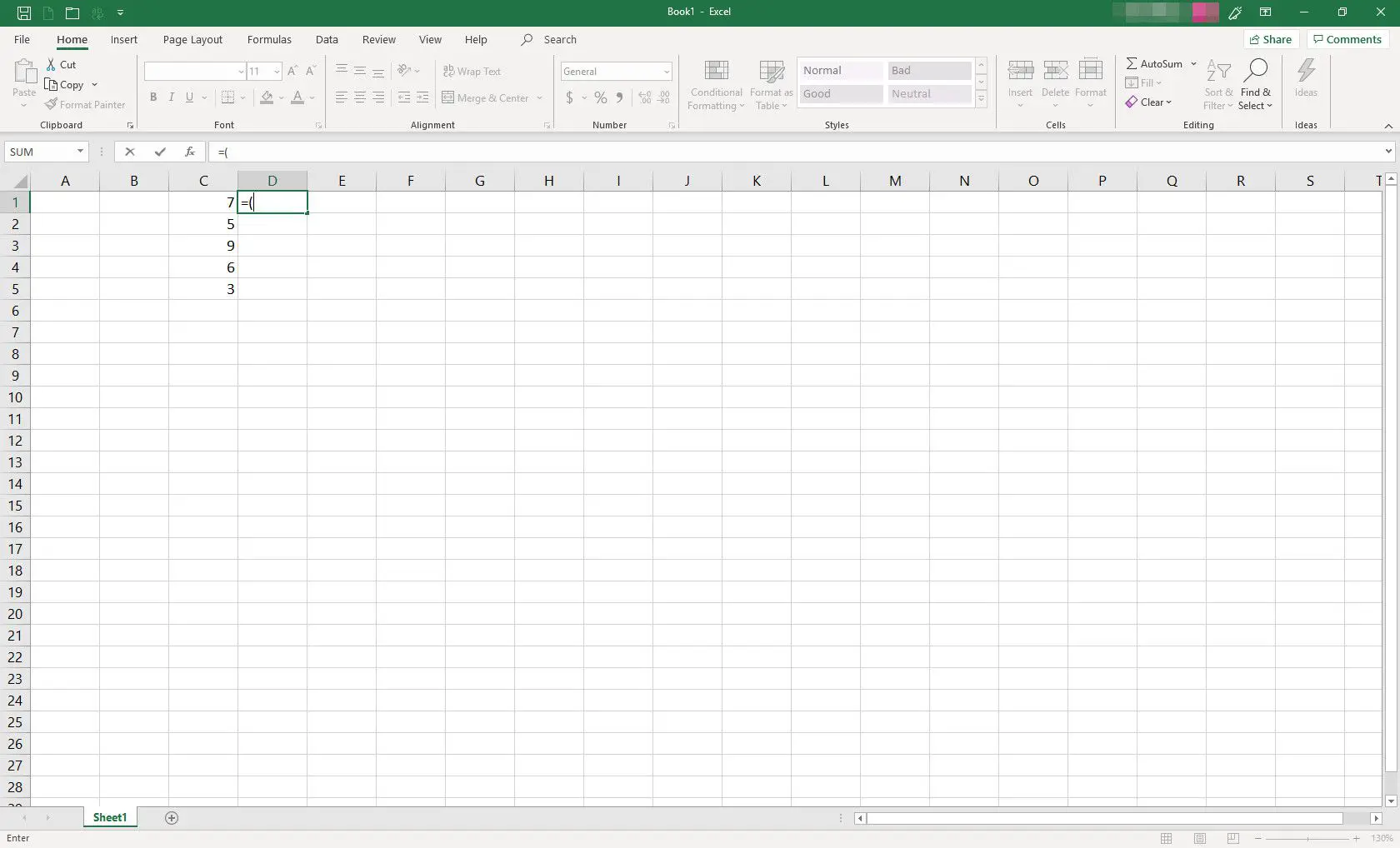 Planilha MS Excel com fórmula em andamento