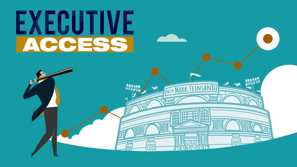 Logotipo do podcast de Executive Access com um empresário com um taco de beisebol