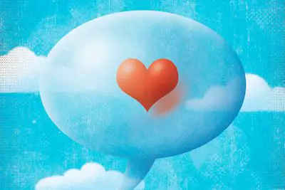 Um coração vermelho em um balão de pensamento nas nuvens, ilustração