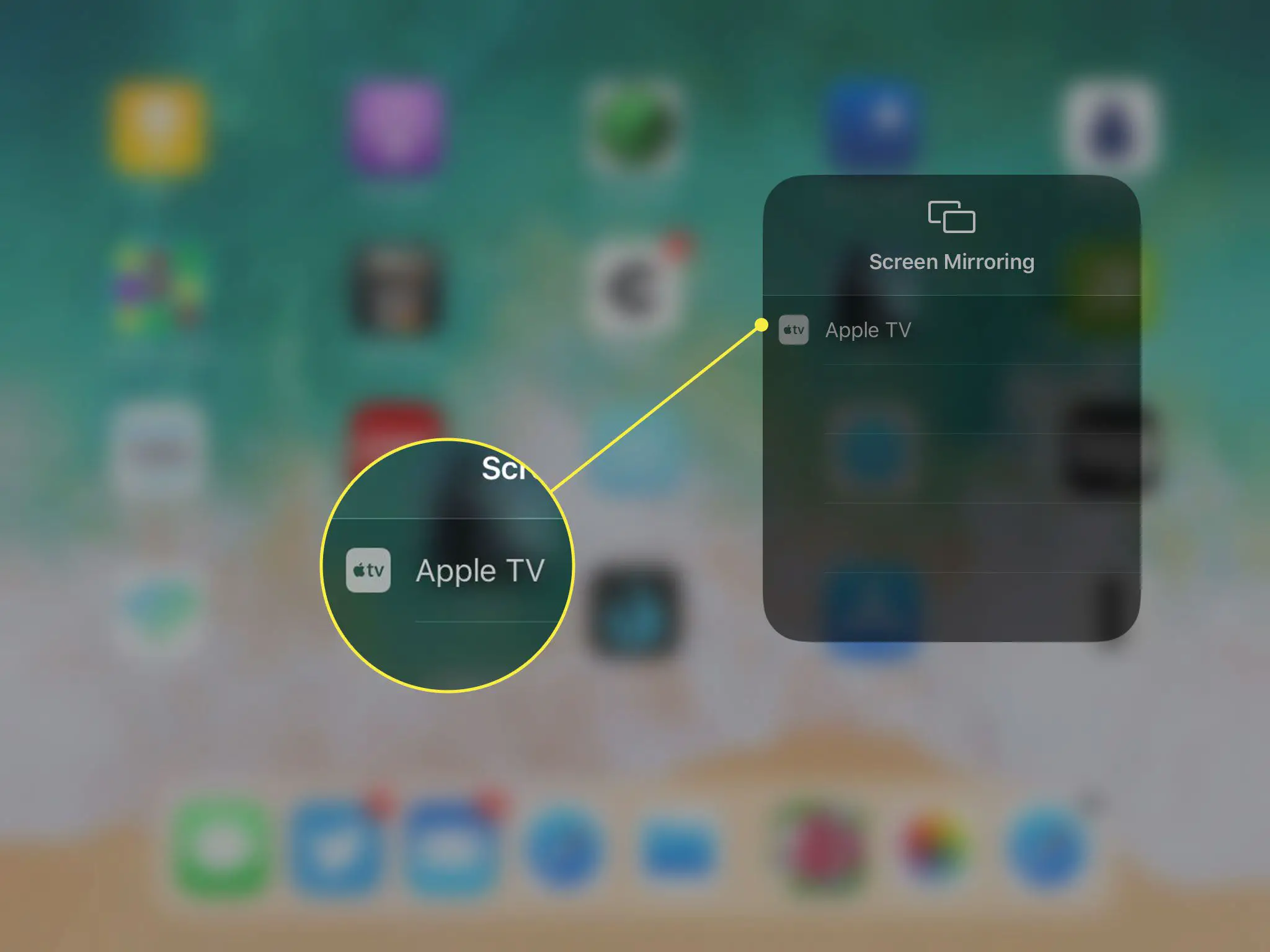 Uma captura de tela do menu Screen Mirroring de um iPad com a opção Apple TV destacada