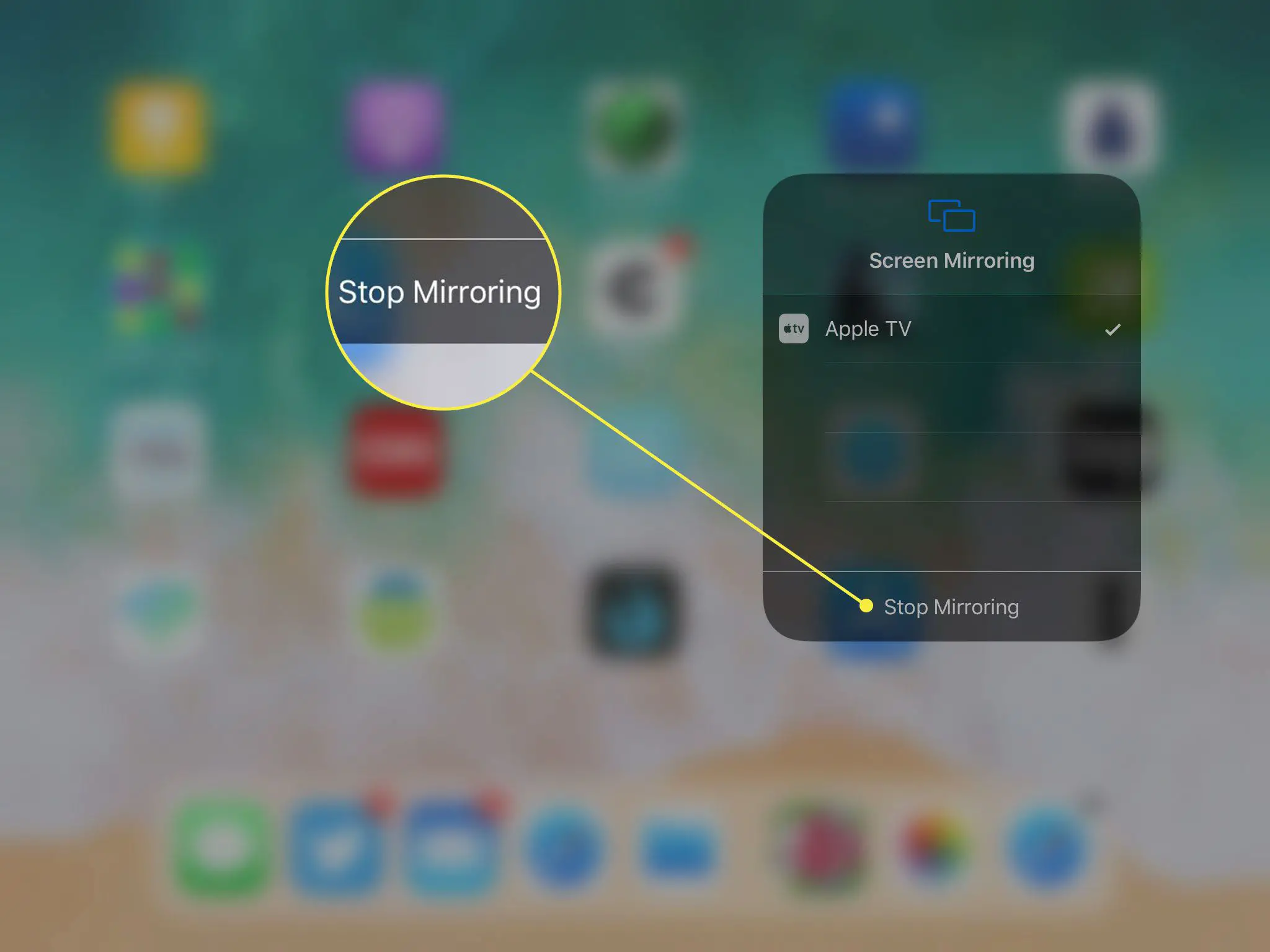 Uma captura de tela da tela de espelhamento de tela do iPad com o botão Parar espelhamento destacado