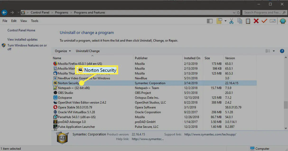 Norton Security em programas e recursos do Windows 10