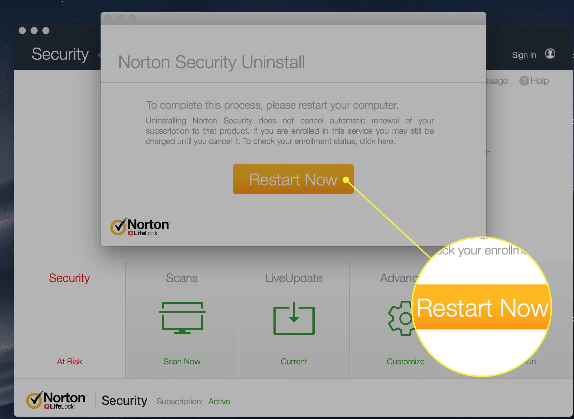 O botão Reiniciar agora na desinstalação do Norton Security