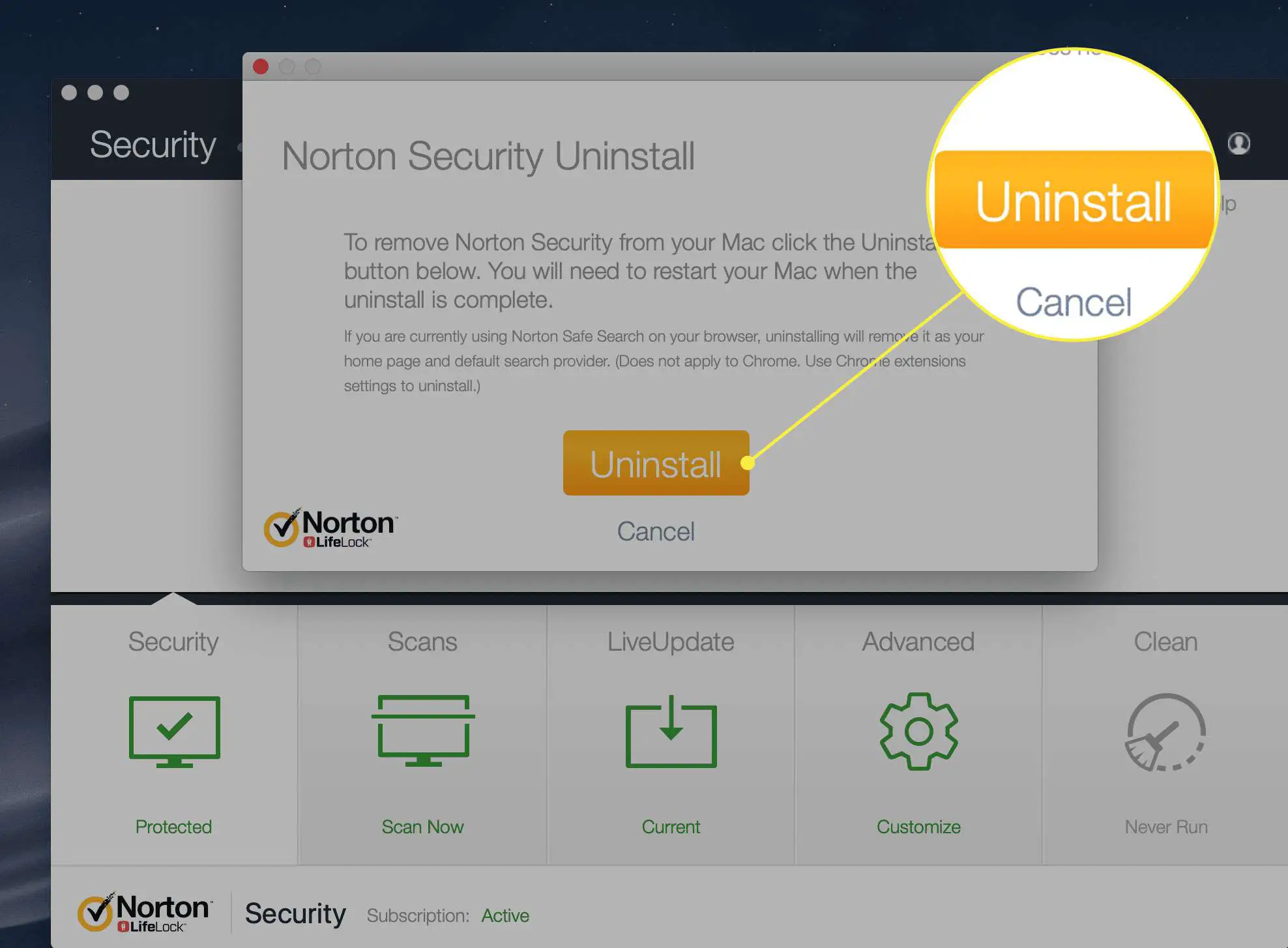 O botão Desinstalar no Norton Security Uninstall