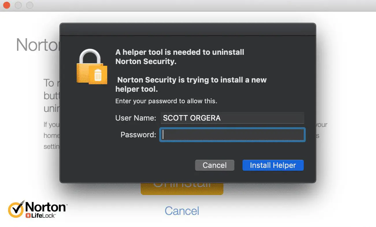 A caixa de diálogo Install Helper para desinstalação do Norton