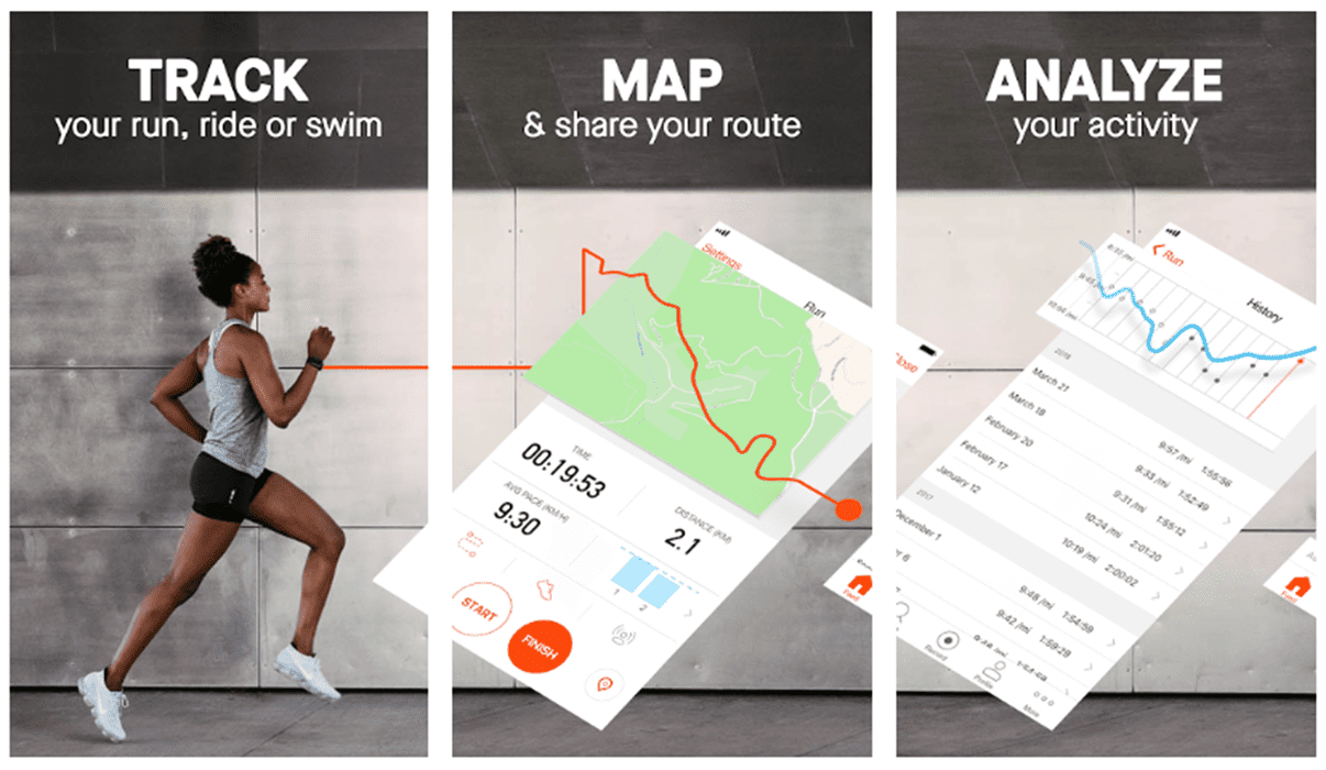 Capturas de tela do aplicativo Strava Fitness Tracker.