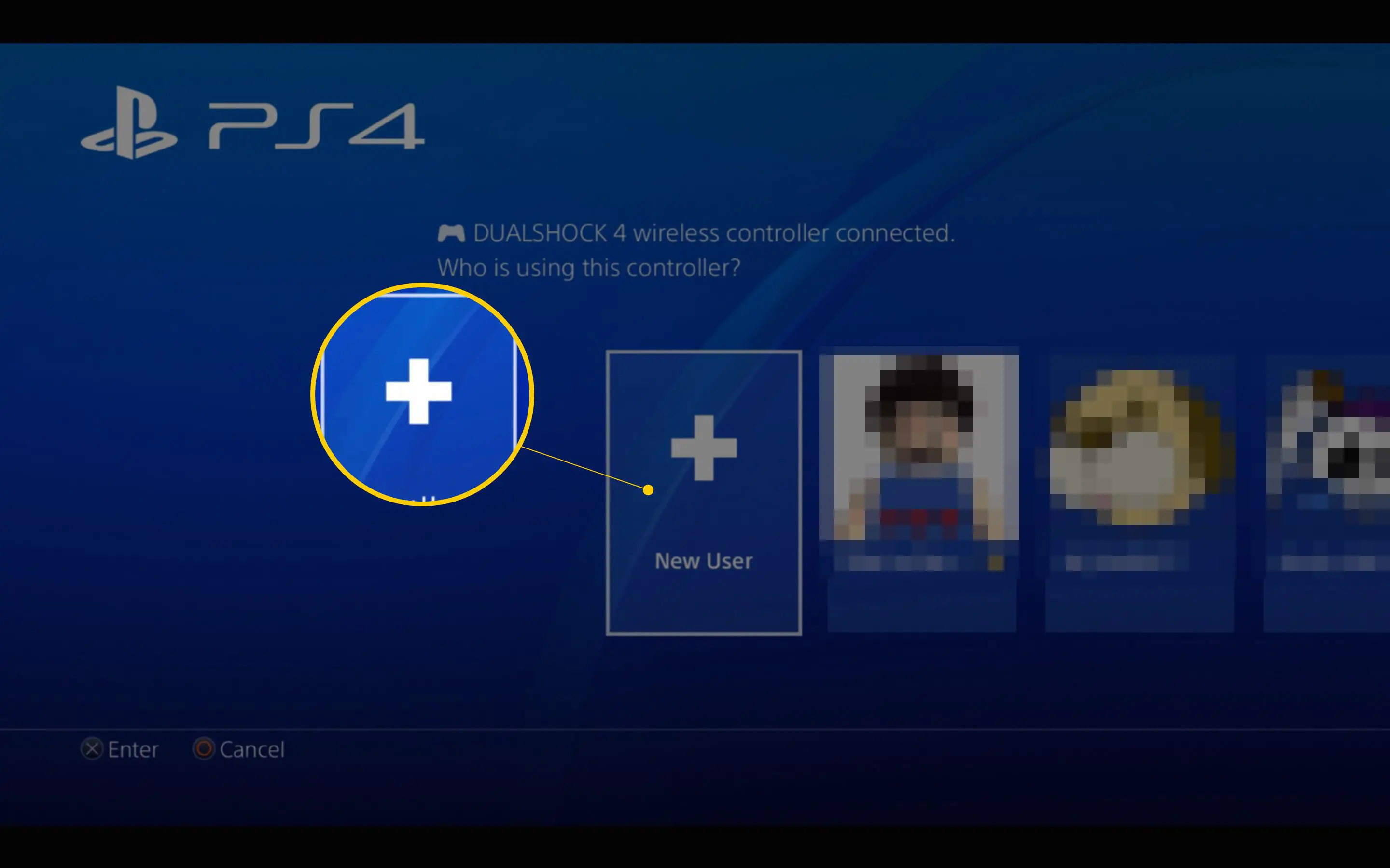 Botão Novo usuário na tela do PS4