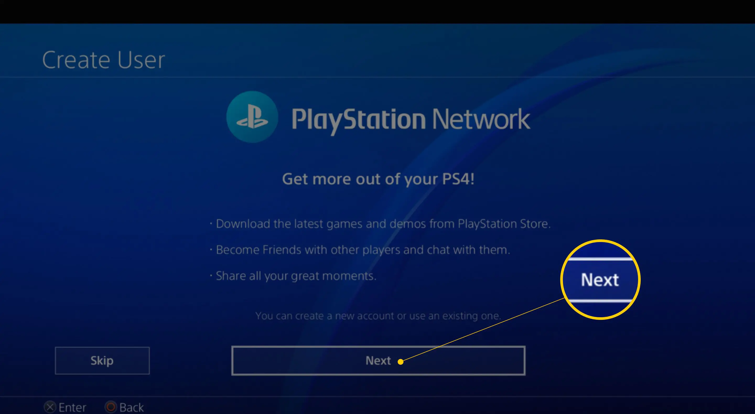 Botão Avançar na tela da PlayStation Network no PS4