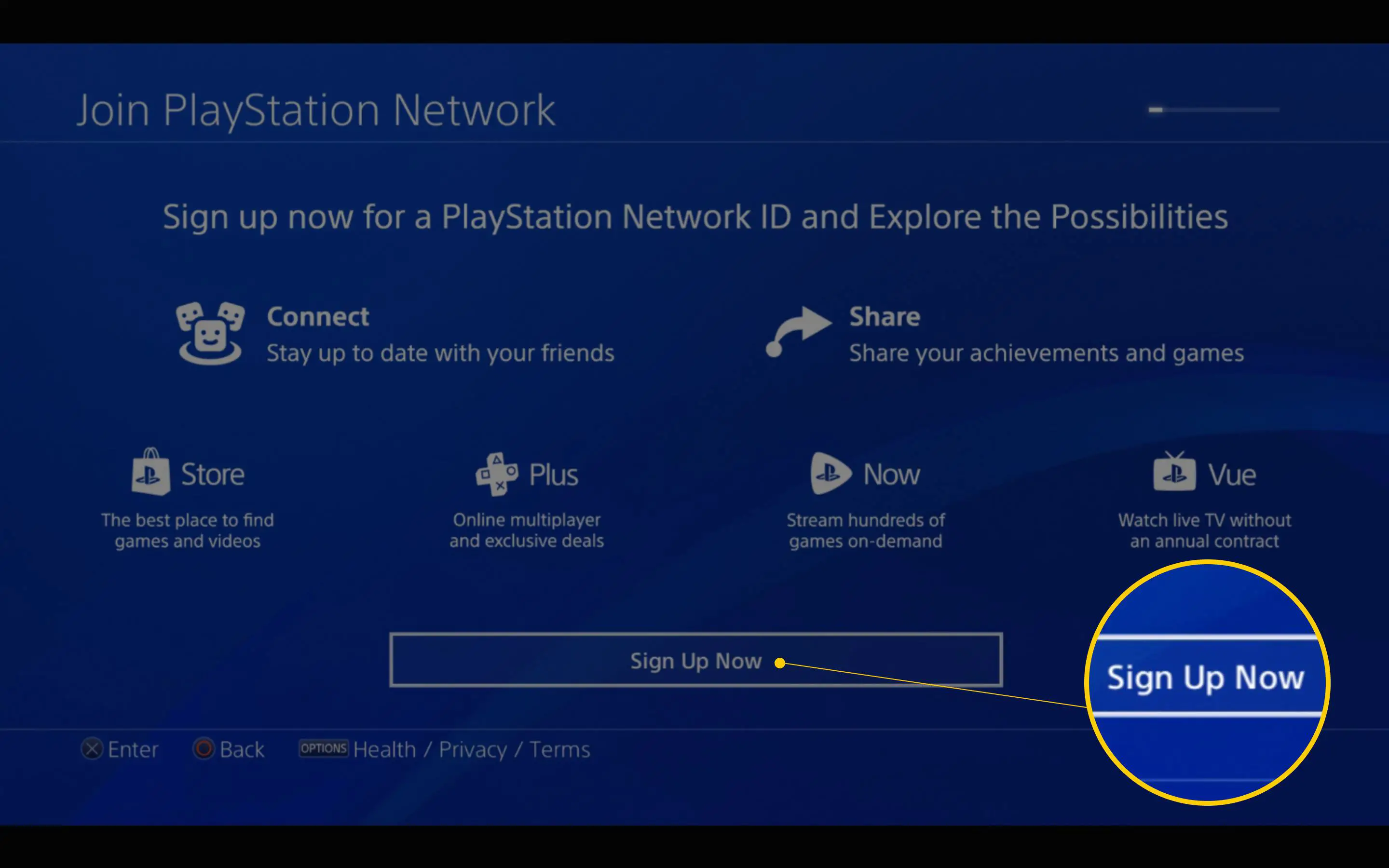 Botão Sign Up Now no ecrã Join PlayStation Network na PS4