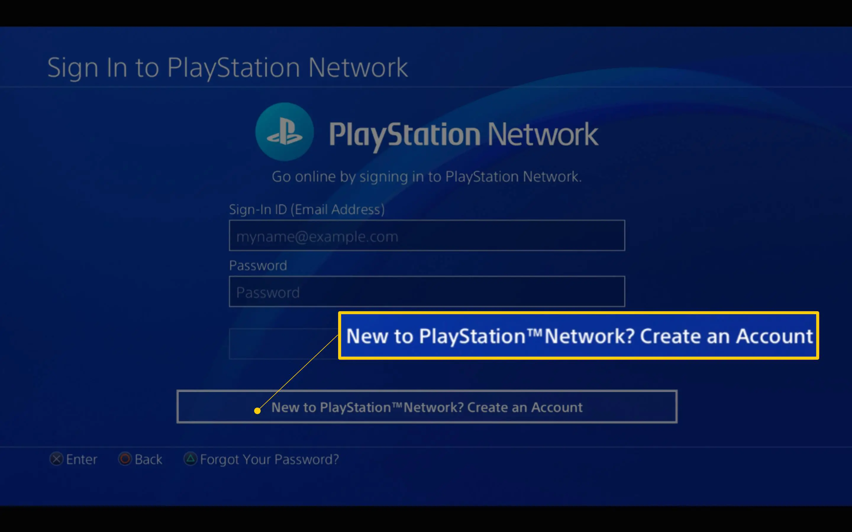 Novo na PlayStation Network?  Botão Criar uma conta no PS4