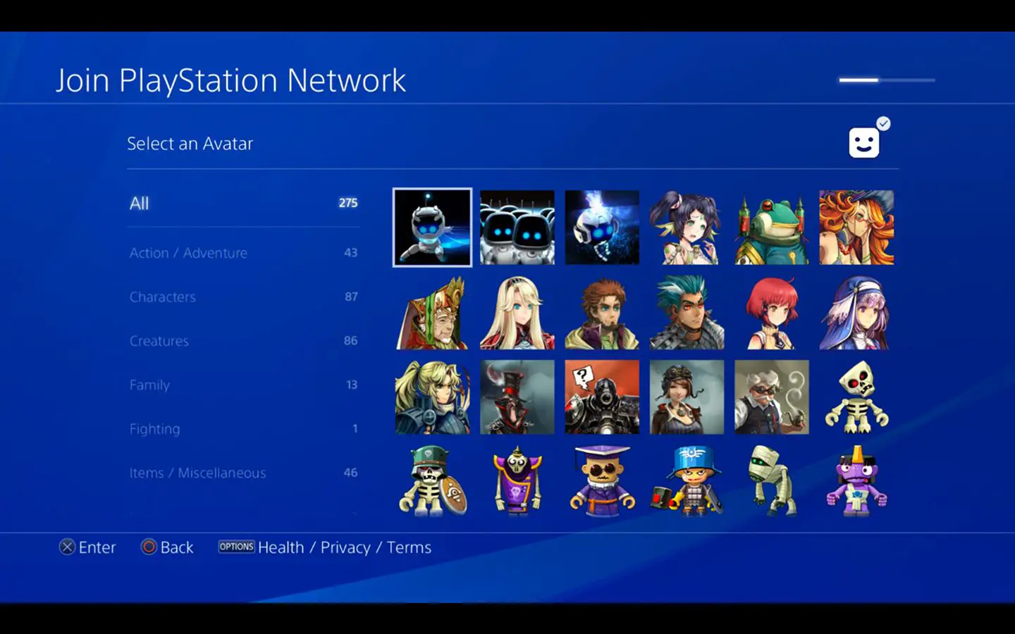 Página de seleção de avatares para aderir à PlayStation Network na PS4