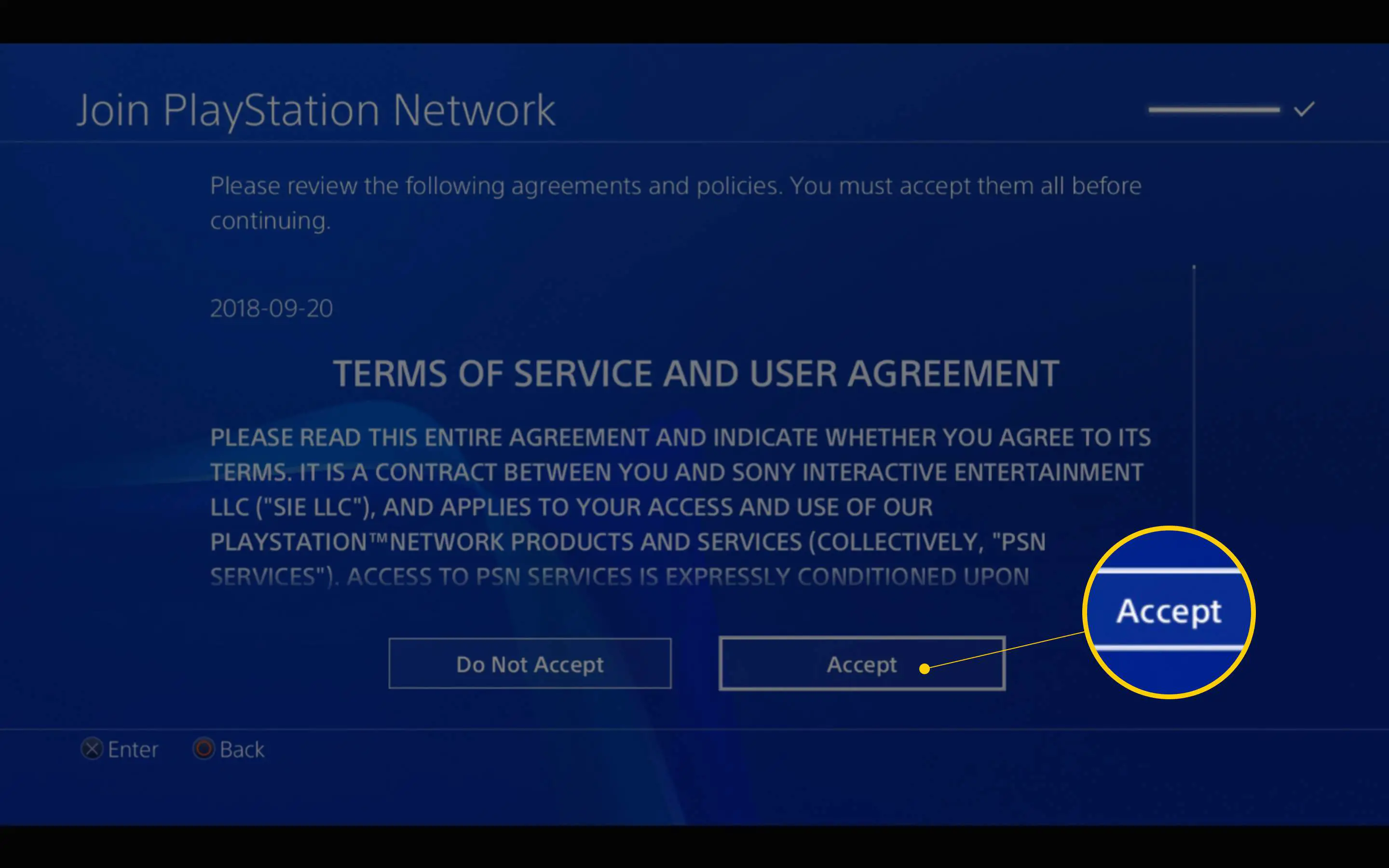 Botão Aceitar na página Termos de Serviço e Acordo do Usuário para ingressar na PlayStation Network no PS4