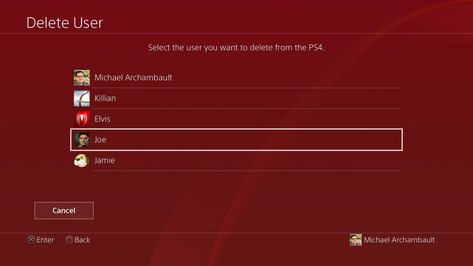 Captura de tela do PlayStation mostrando usuários a serem excluídos