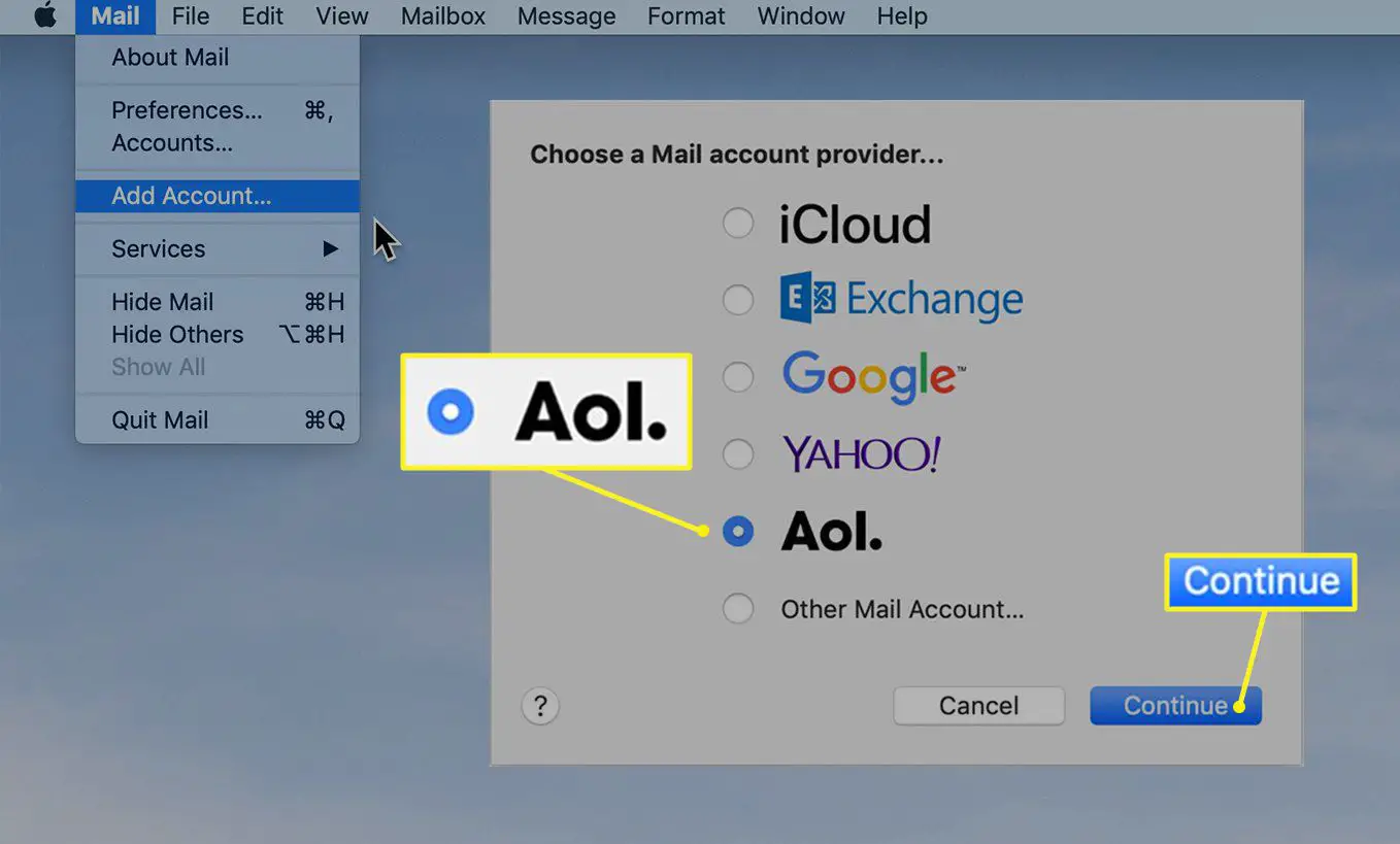 Tela mostrando as opções de e-mail de correio com correio AOL selecionado