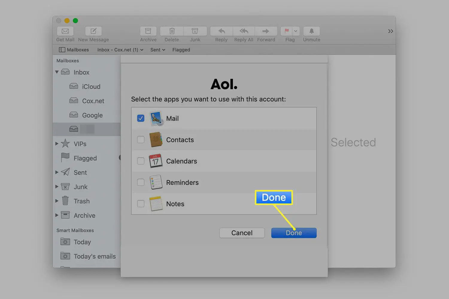 Seleção de aplicativos disponíveis no AOL para Mac