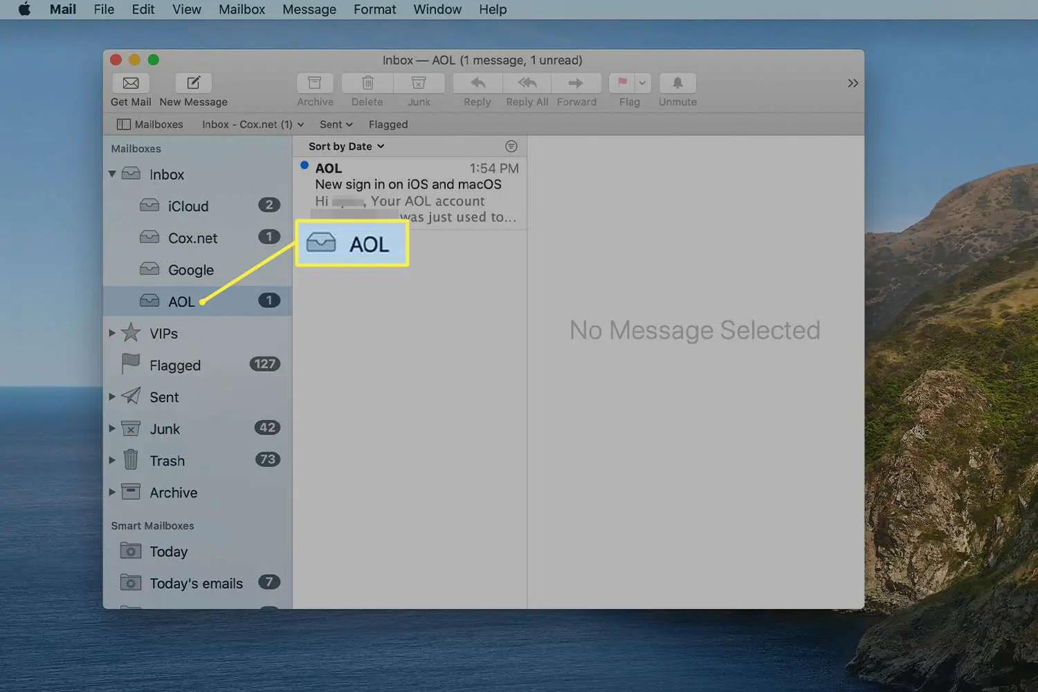 Tela de correio AOL no Mac Mail