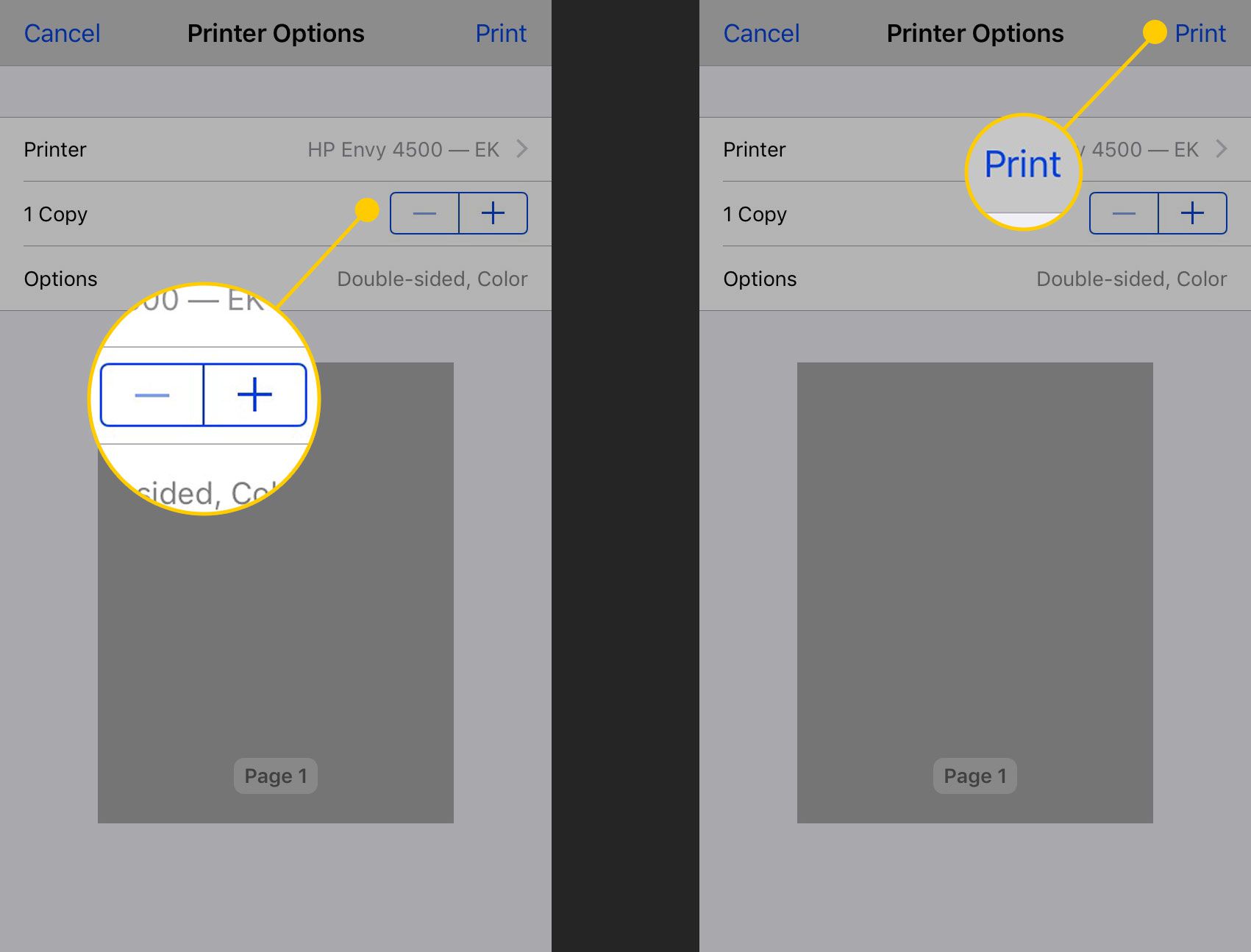 Escolher o número de cópias a serem impressas e o comando Imprimir em um iPhone