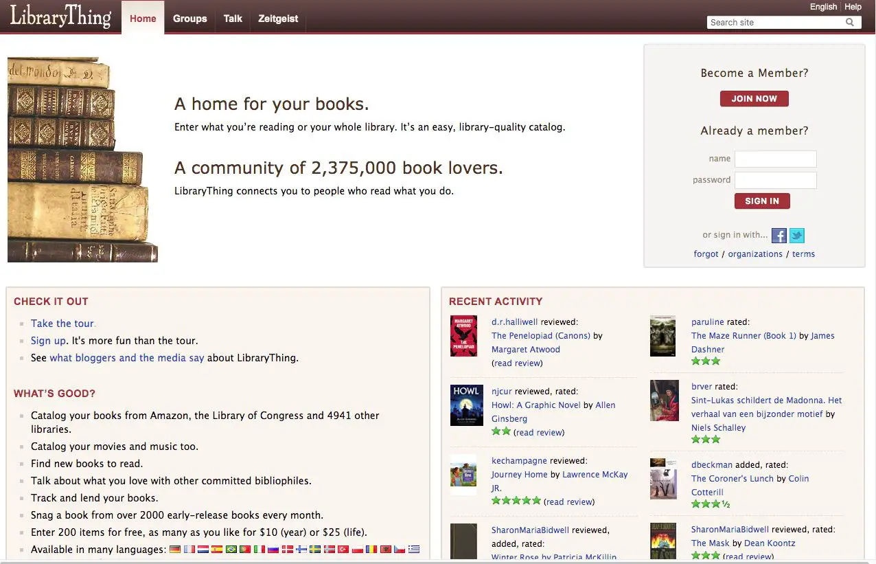 Captura de tela da rede social centrada em livros LibraryThing