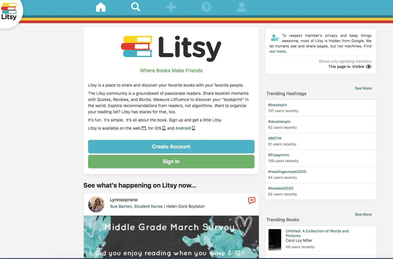 Captura de tela da rede social centrada em livros de Litsy