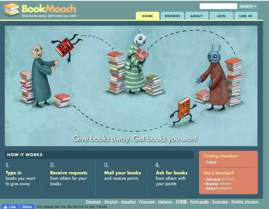 Captura de tela do site social centrado em livro BookMooch