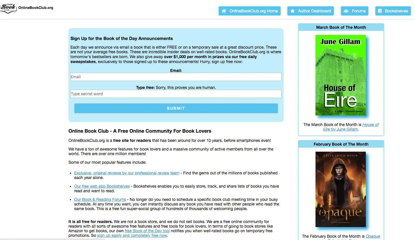 Captura de tela do site social centrado em livros do Online Book Club
