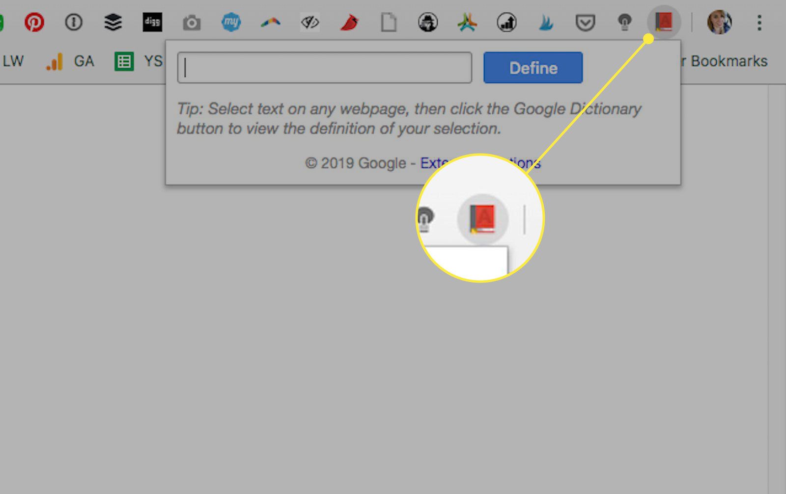 O botão da extensão de dicionário no Chrome