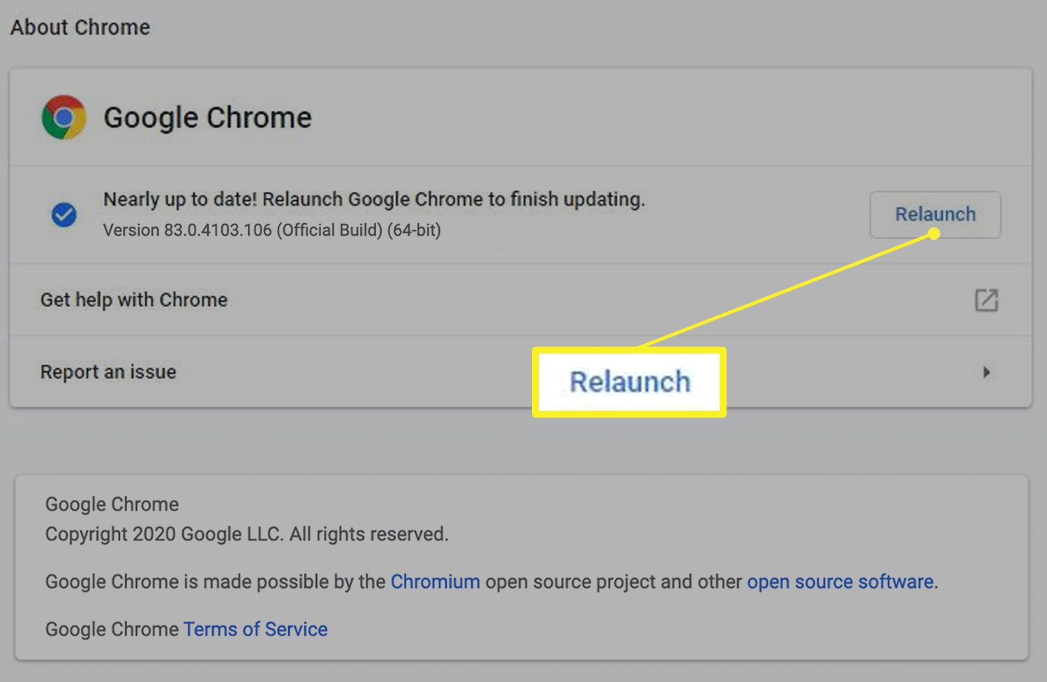 Tela de atualização do Google Chrome