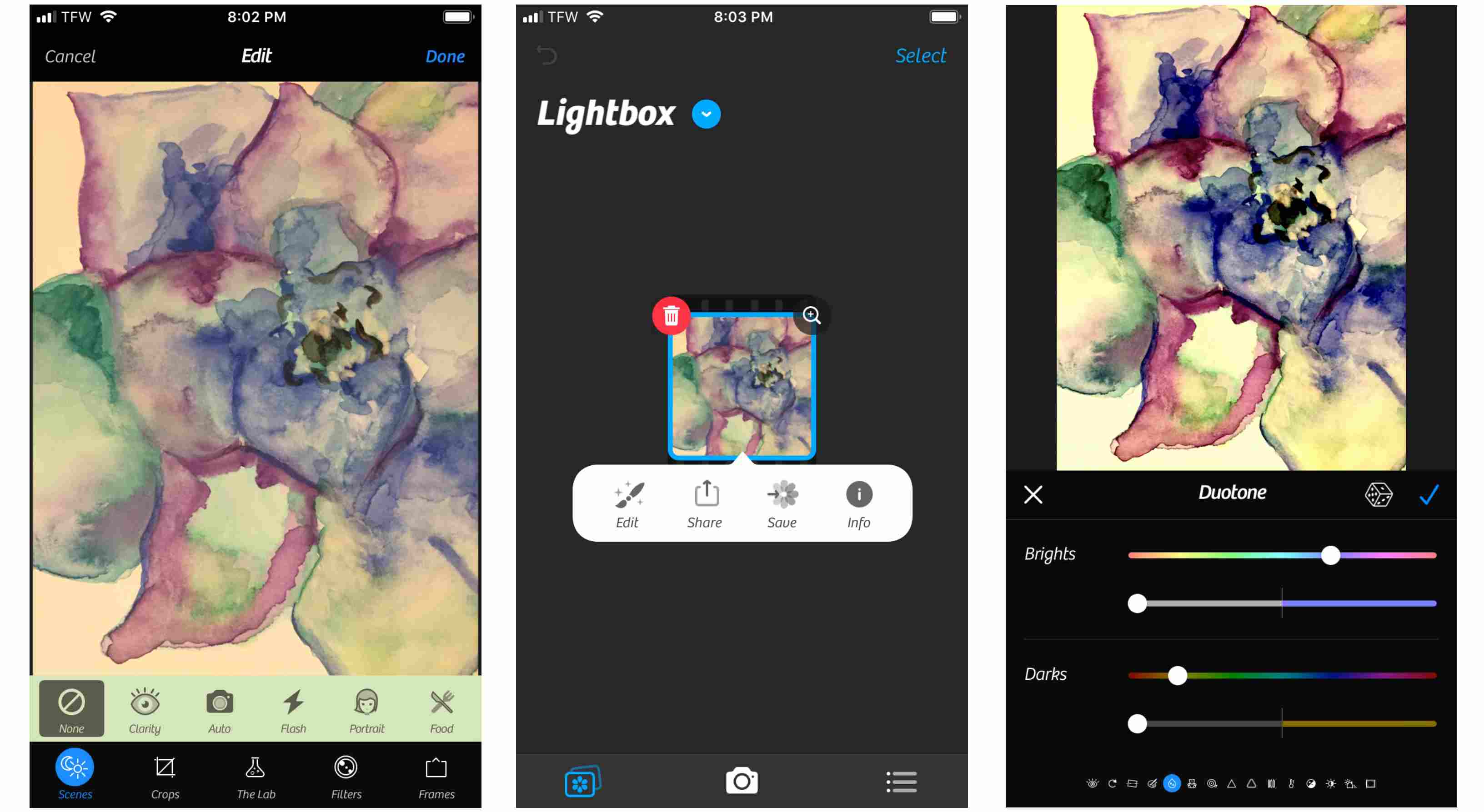 Capturas de tela do aplicativo Camera + 2 no iPhone