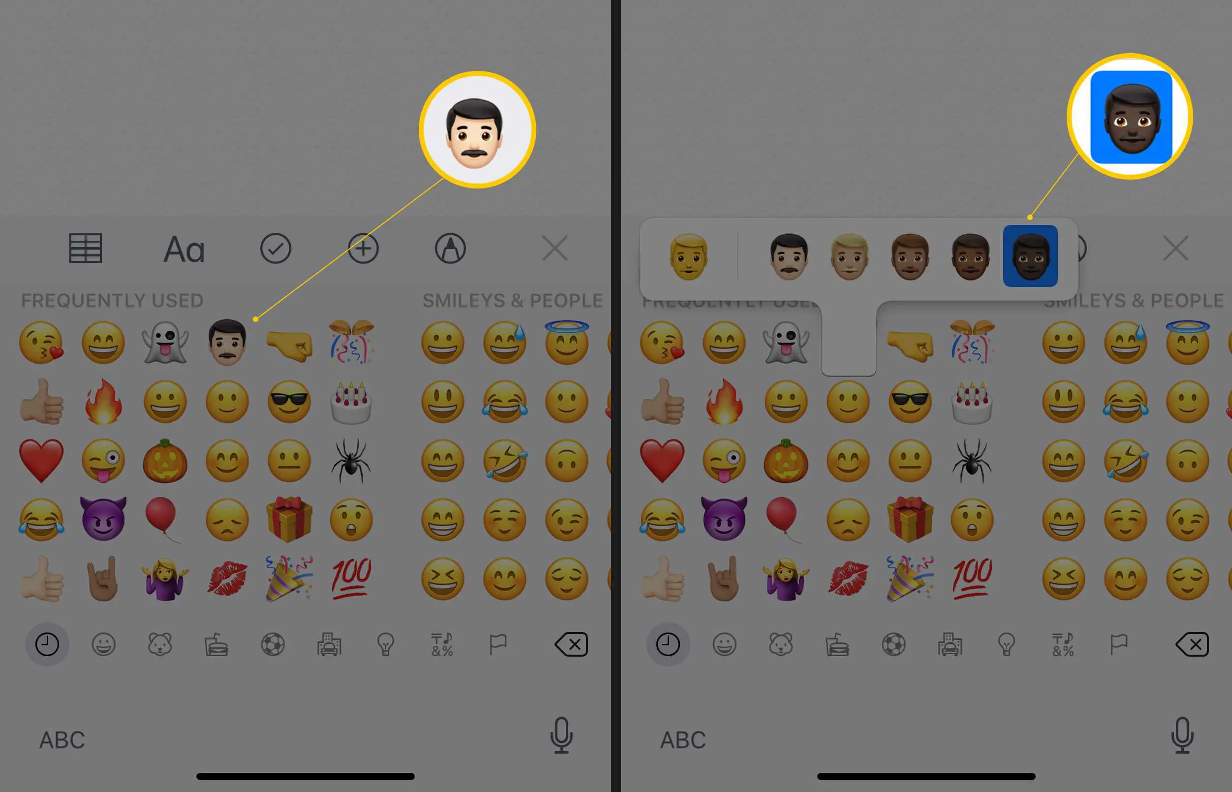 Duas telas de iOS mostrando opções de emoji multiculturais