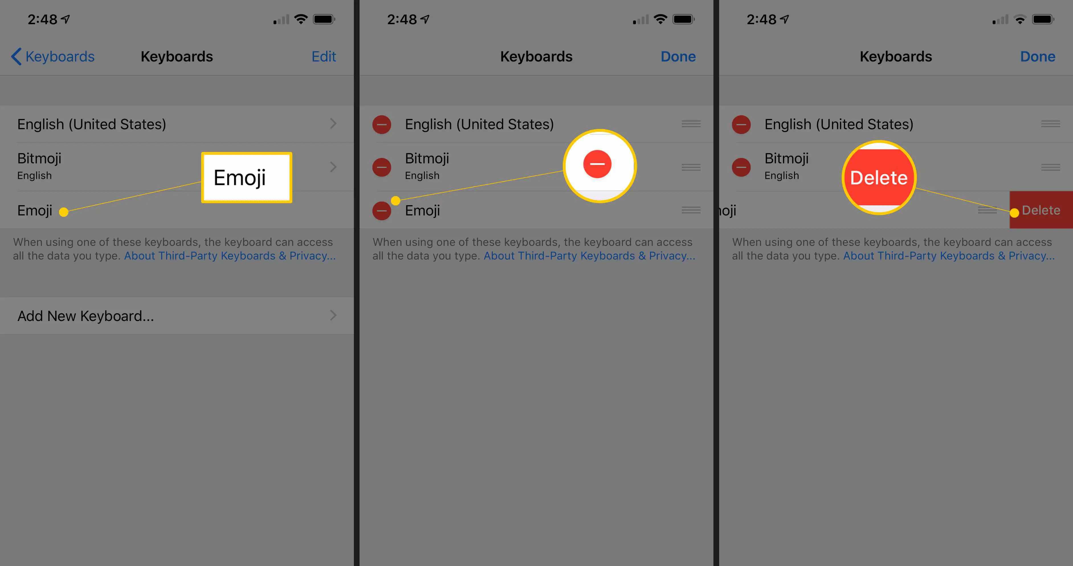 Três telas do iOS exibindo o botão de Emoji, o círculo vermelho de exclusão e o botão vermelho de exclusão nas configurações do teclado