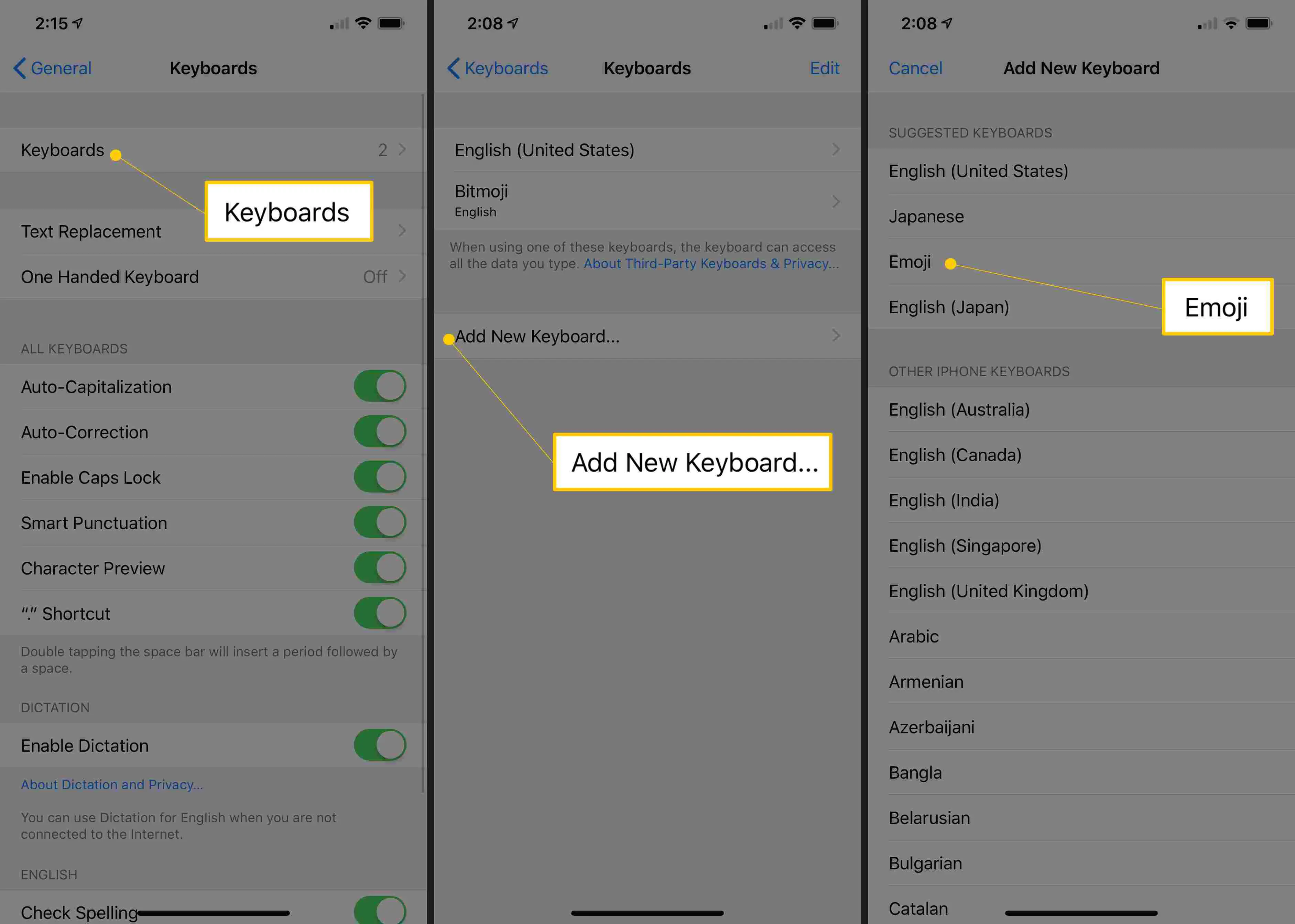 Três telas do iOS mostrando teclados, adicionar novo teclado e botões de emoji