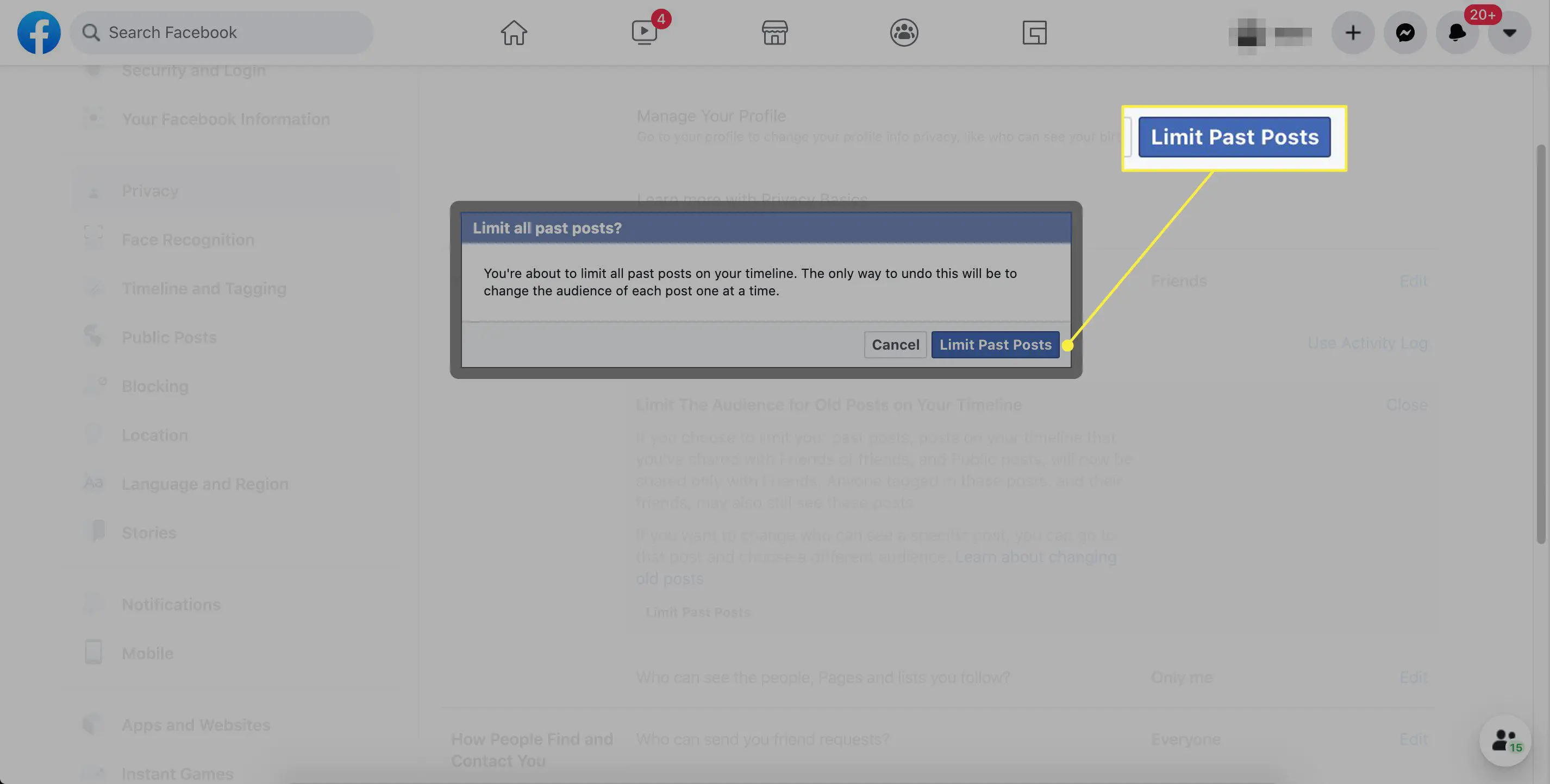 O botão de confirmação "Limitar postagens anteriores" nas configurações do Facebook
